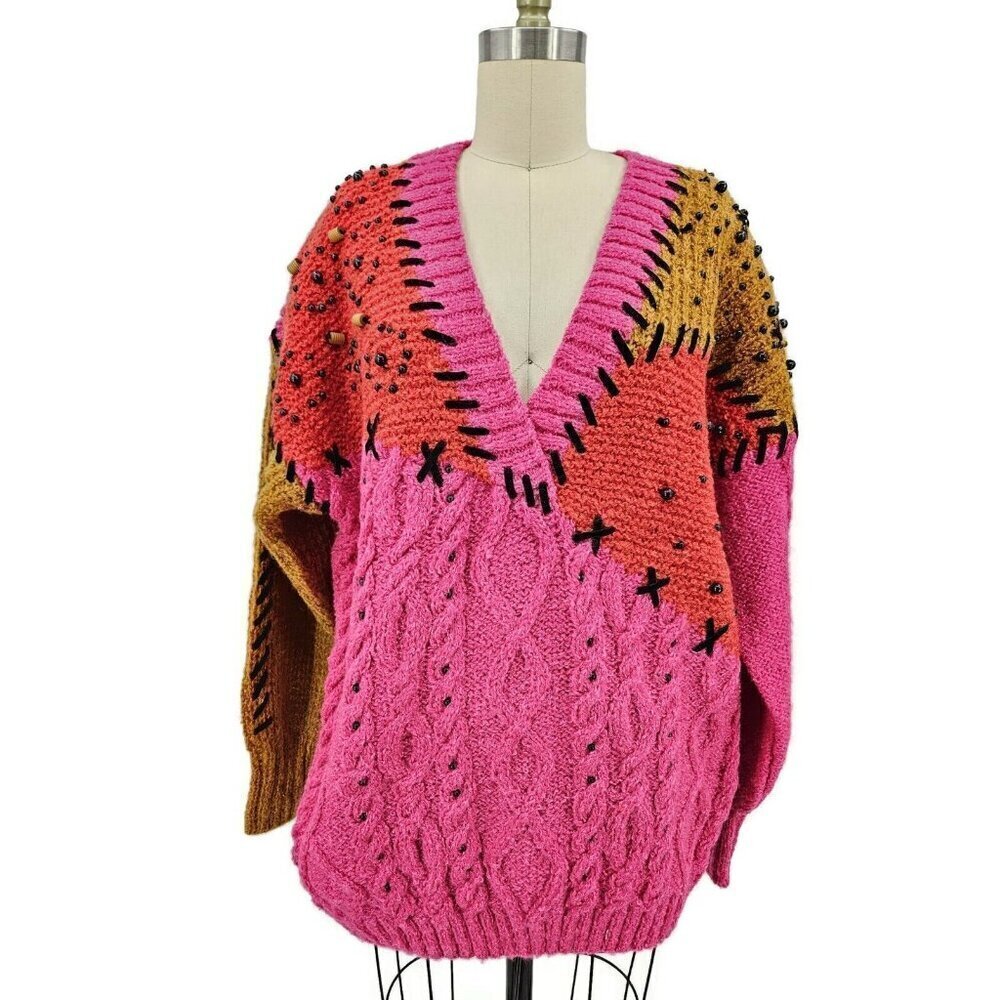Vtg Deadstock Sideffects V Neck Sweater Womens S Beaded Pink Wool Blend - Picture 2 of 9